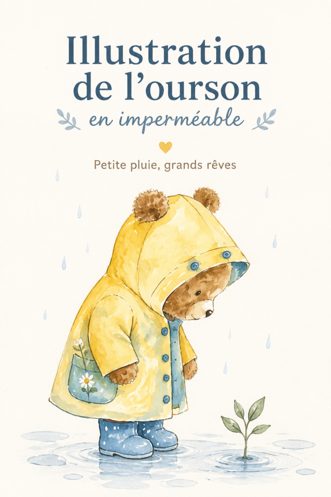 Illustration d'un ours adorable sous la pluie apportant une ambiance chaleureuse
