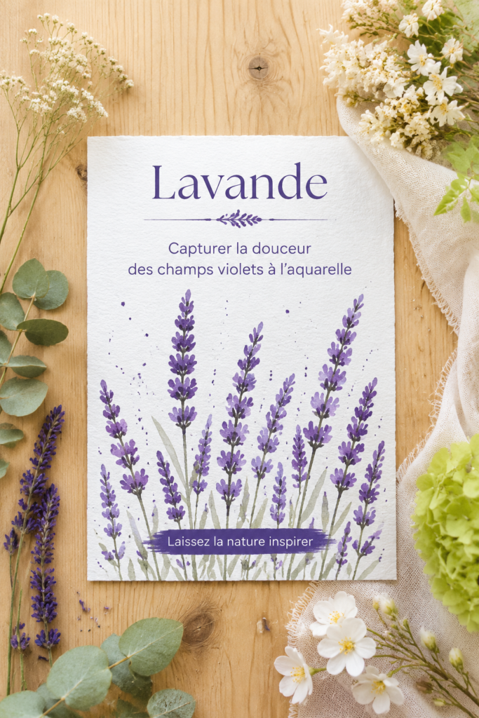 Aquarelle de lavande représentant des champs violets ensoleillés.