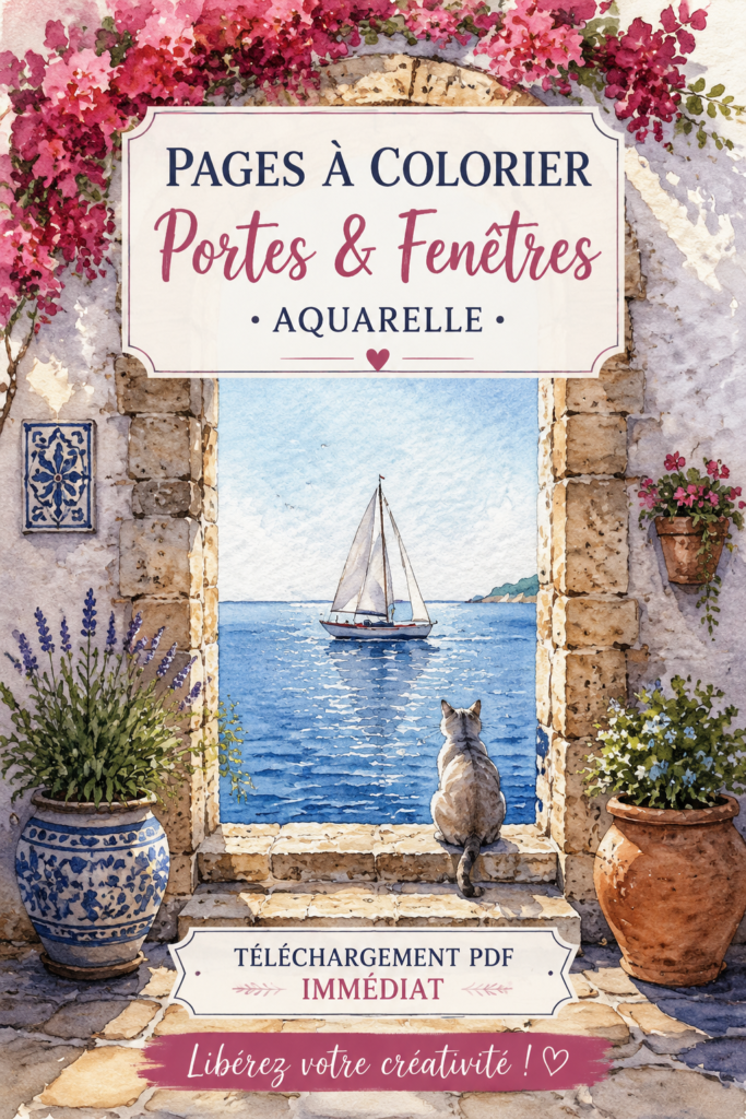 Illustration de pages à colorier aquarelle représentant des fenêtres et des portes