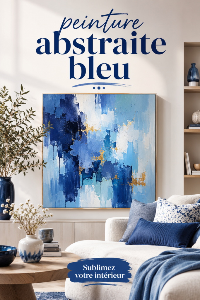 Peinture abstraite bleue lumineuse sur un mur blanc