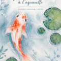 Illustration d'un poisson koi coloré peint à l'aquarelle, entouré de nénuphars