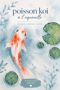 Illustration d'un poisson koi coloré peint à l'aquarelle, entouré de nénuphars
