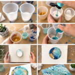Tableau réalisé avec la technique du pouring acrylique, présentant des couleurs vives et des effets marbrés.
