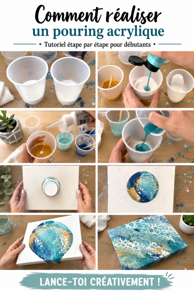 Tableau réalisé avec la technique du pouring acrylique, présentant des couleurs vives et des effets marbrés.