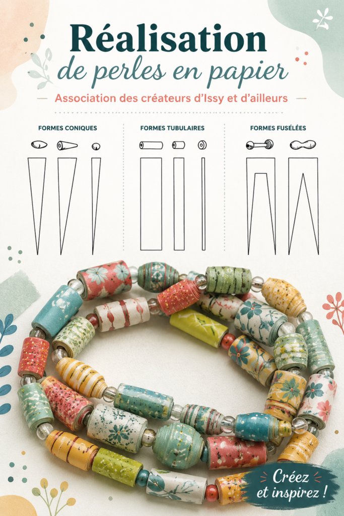 Réalisation de perles en papier colorées sur une table de craft.