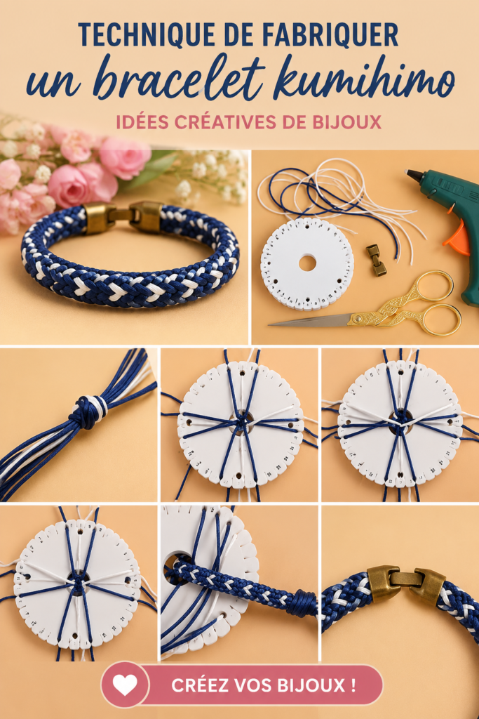 Bracelet kumihimo réalisé avec des cordons colorés, montrant la technique de tissage.
