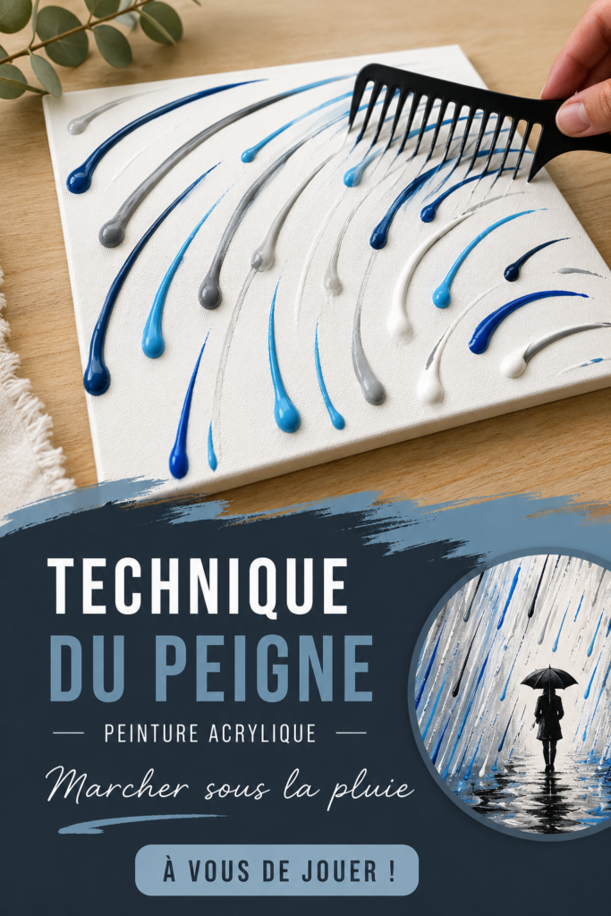 Peinture acrylique colorée représentant une scène de pluie en technique peigne