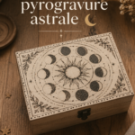 Un projet de boîte en pyrogravure ornée de motifs astrales, illustrant la créativité et le fait main.