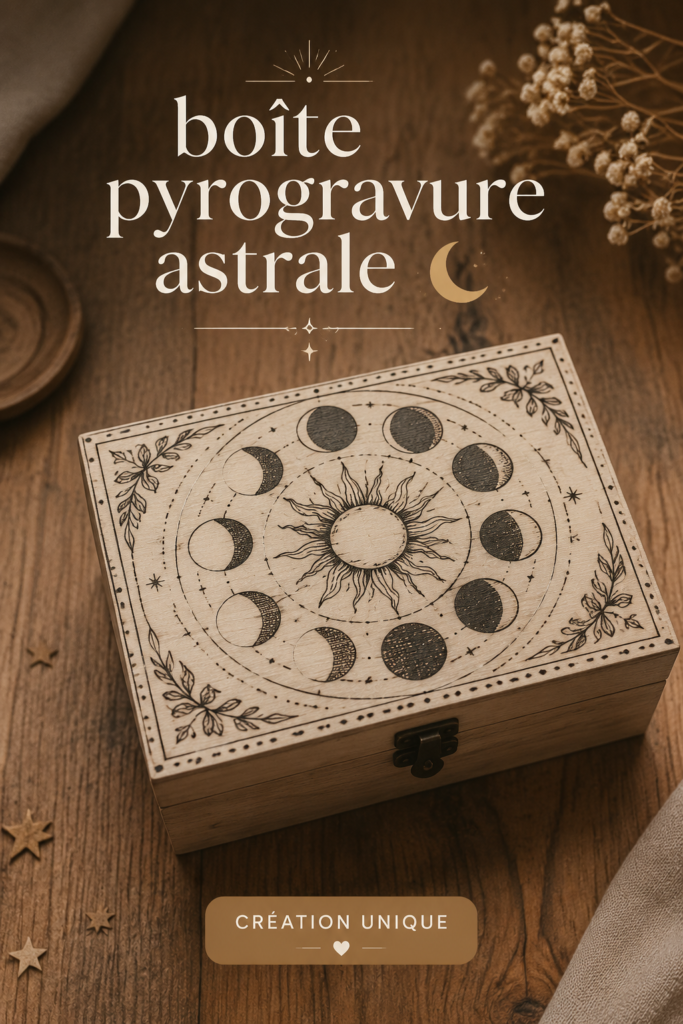 Un projet de boîte en pyrogravure ornée de motifs astrales, illustrant la créativité et le fait main.