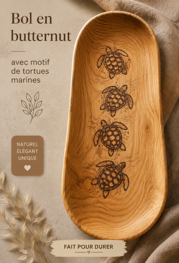 Bol en butternut décoré avec un motif de tortue de mer sur une table en bois.