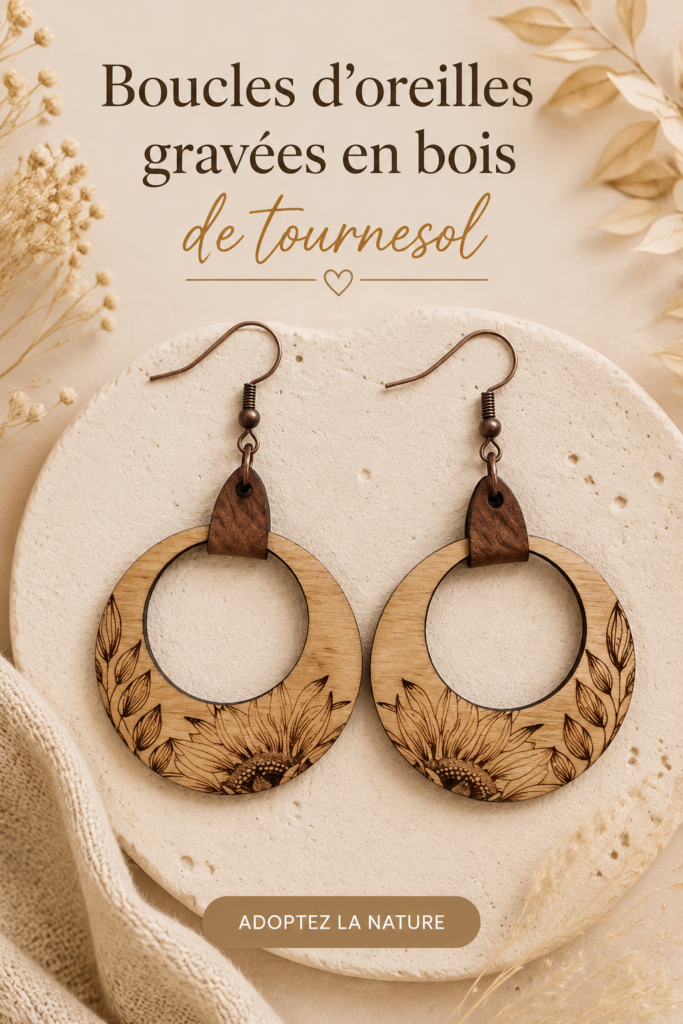 Boucles d'oreilles gravées en bois de tournesol sur fond naturel
