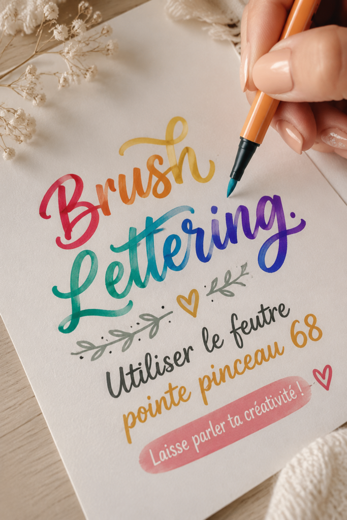 Une illustration du Brush Lettering réalisé avec un feutre Stabilo 68, montrant des lettres fluides et colorées.