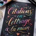 Un exemple de citation écrite en hand lettering sur un fond coloré.