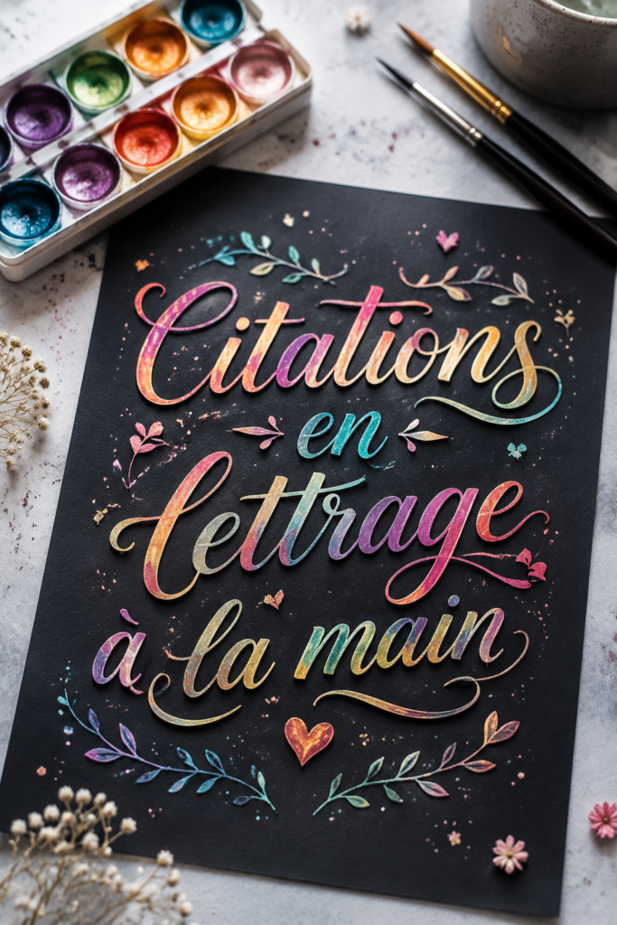 Un exemple de citation écrite en hand lettering sur un fond coloré.