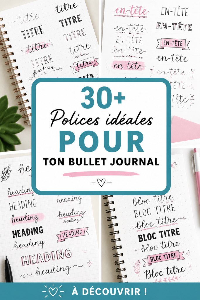 Collection de polices stylisées pour bullet journal, montrant différentes écritures.