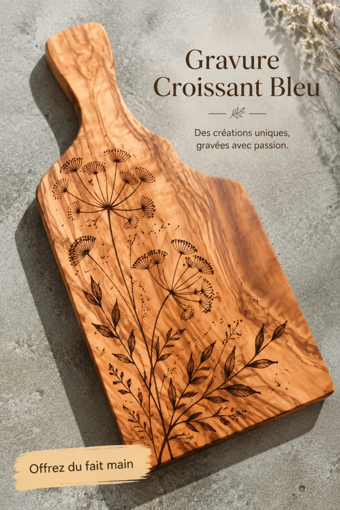 Une gravure élégante réalisée avec le Blu Crescent sur bois