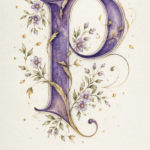 Une lettre P colorée en aquarelle sur du papier texturé avec un éclairage doux.