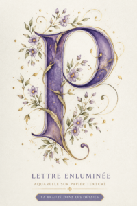 Une lettre P colorée en aquarelle sur du papier texturé avec un éclairage doux.