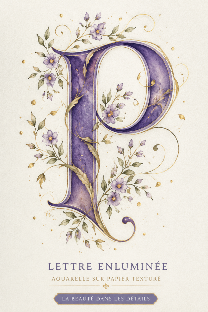 Une lettre P colorée en aquarelle sur du papier texturé avec un éclairage doux.