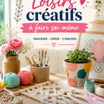Femme réalisant un projet de loisirs créatifs à la maison, entourée de fournitures artistiques.