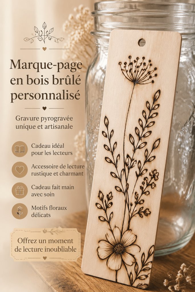 Marque-page en bois avec motifs floraux pyrograves, parfait pour les amateurs de lecture.