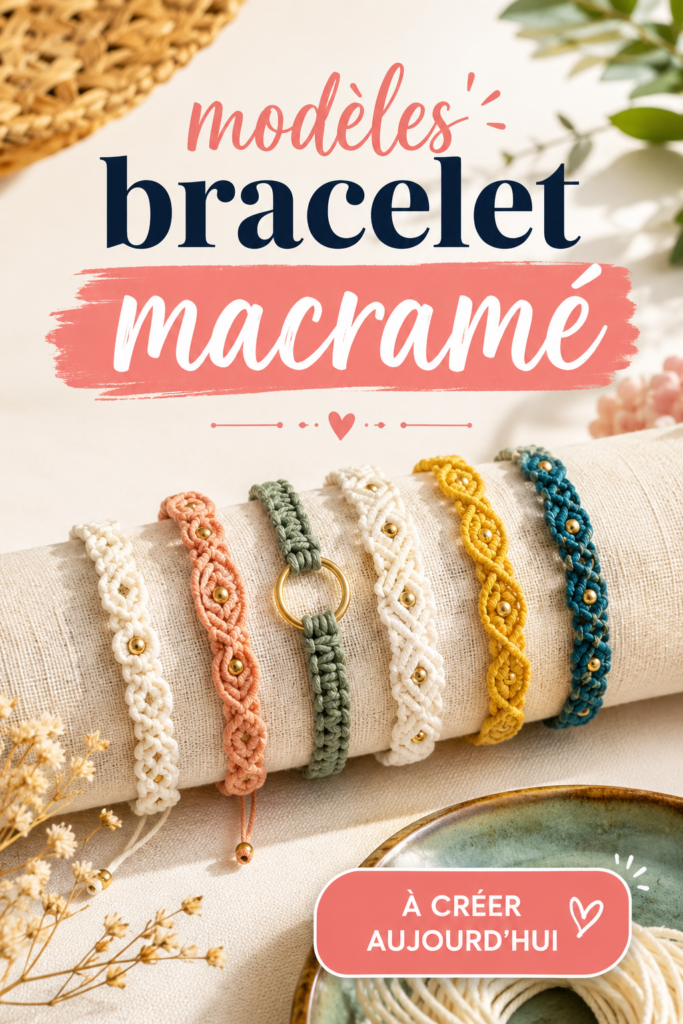 Bracelets colorés en macramé exposés sur une table en bois