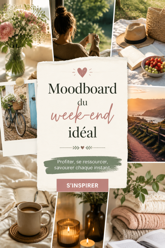 Moodboard coloré représentant des idées de week-end créatif.