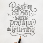 Femme pratiquant la calligraphie sur un carnet avec des outils de dessin
