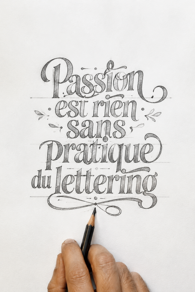 Femme pratiquant la calligraphie sur un carnet avec des outils de dessin