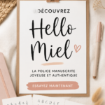 Visualisation de la police manuscrite Hello Honey appliquée sur une carte de vœux élégante.