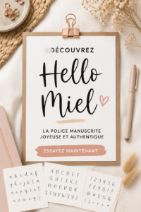 Visualisation de la police manuscrite Hello Honey appliquée sur une carte de vœux élégante.