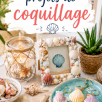 Des projets créatifs en coquillage disposés sur une table, montrant l'aspect esthétique et artisanal des décorations.