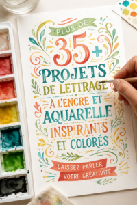 Un projet de lettering coloré réalisé avec de l'encre et de l'aquarelle, illustrant la créativité et l'expression artistique.