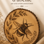 Une œuvre d'art en pyrogravure représentant des abeilles sur bois, illustrant la technique artistique de Morgan Lansing.