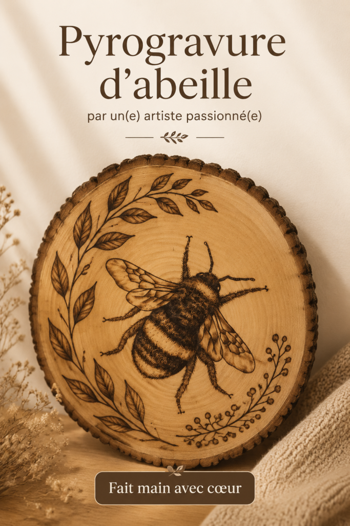 Une œuvre d'art en pyrogravure représentant des abeilles sur bois, illustrant la technique artistique de Morgan Lansing.