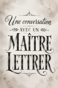 Portrait de Ken Barber, maître lettriste au travail sur une lettre en calligraphie.