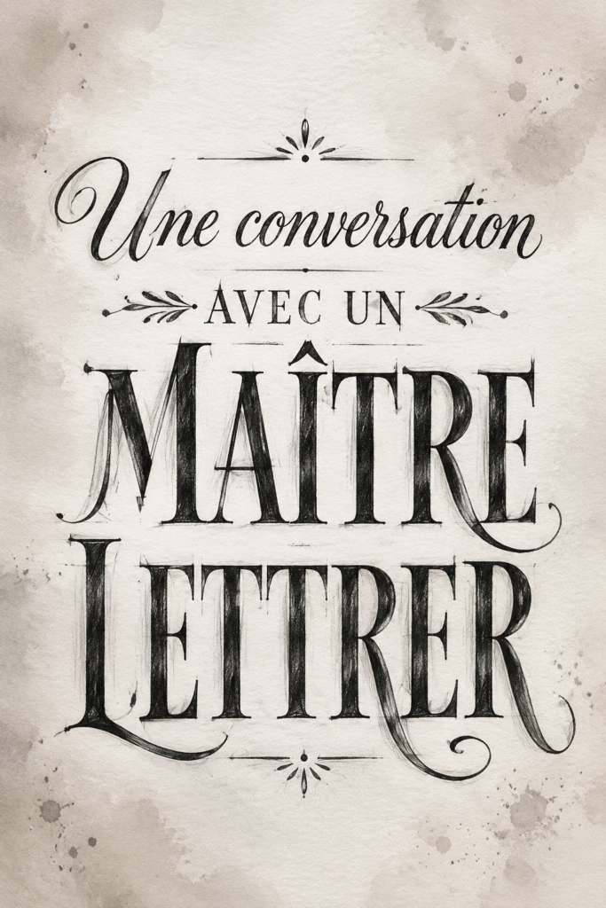 Portrait de Ken Barber, maître lettriste au travail sur une lettre en calligraphie.