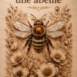 Une abeille détaillée gravée sur un morceau de bois brûlé, illustrant le travail artisanal.