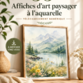Affiches d'art aquarelle colorées accrochées à un mur dans un intérieur chaleureux.
