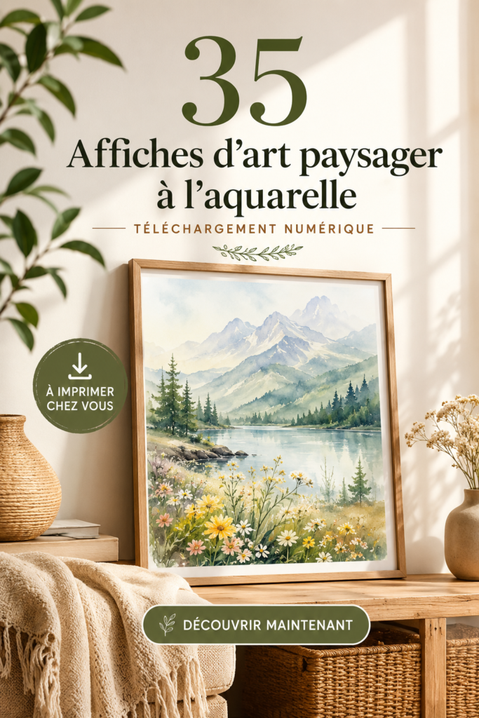 Affiches d'art aquarelle colorées accrochées à un mur dans un intérieur chaleureux.