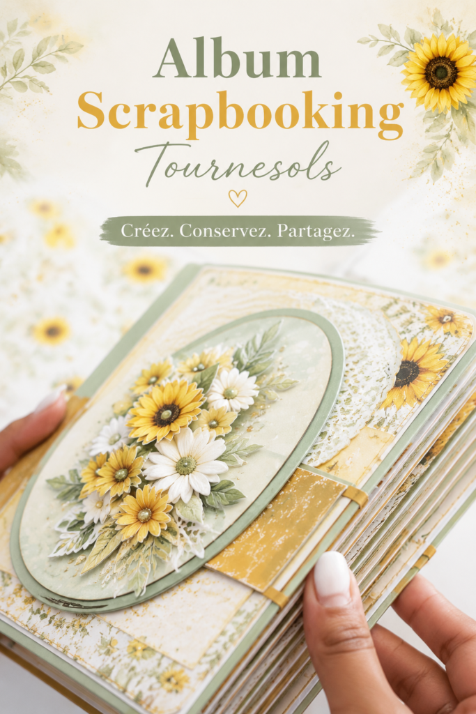 Un album scrapbooking coloré avec des motifs de tournesols, rempli de souvenirs photographiques.