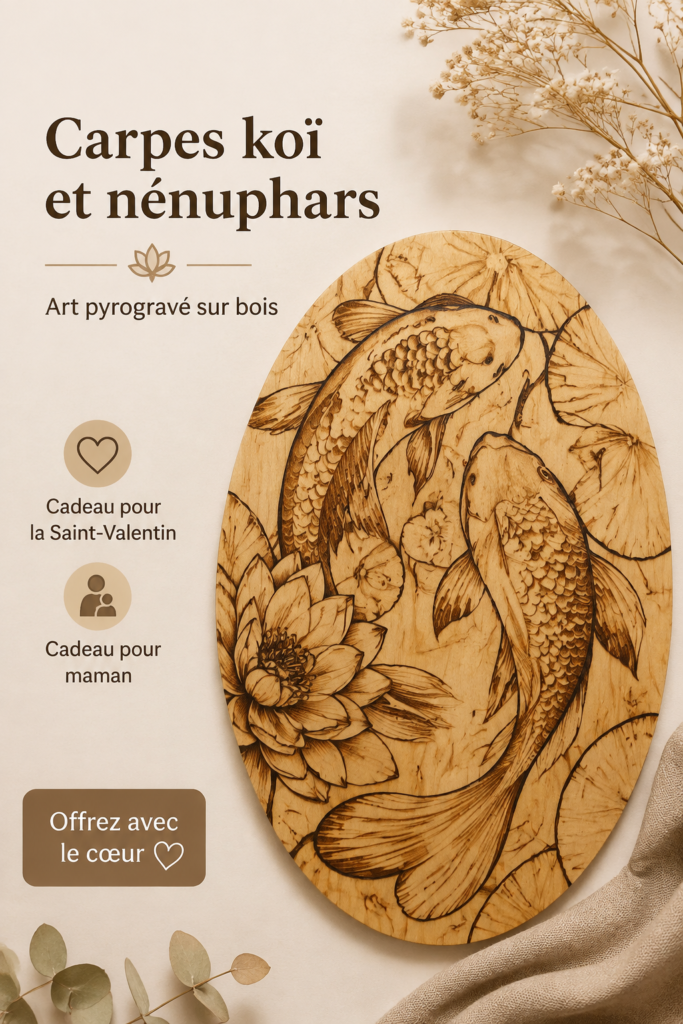 Art en bois brûlé représentant des carpes koï et des nénuphars, idéal pour la décoration intérieure.