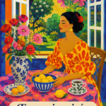 Une illustration colorée inspirée par Matisse, avec des motifs vibrants et stylisés.