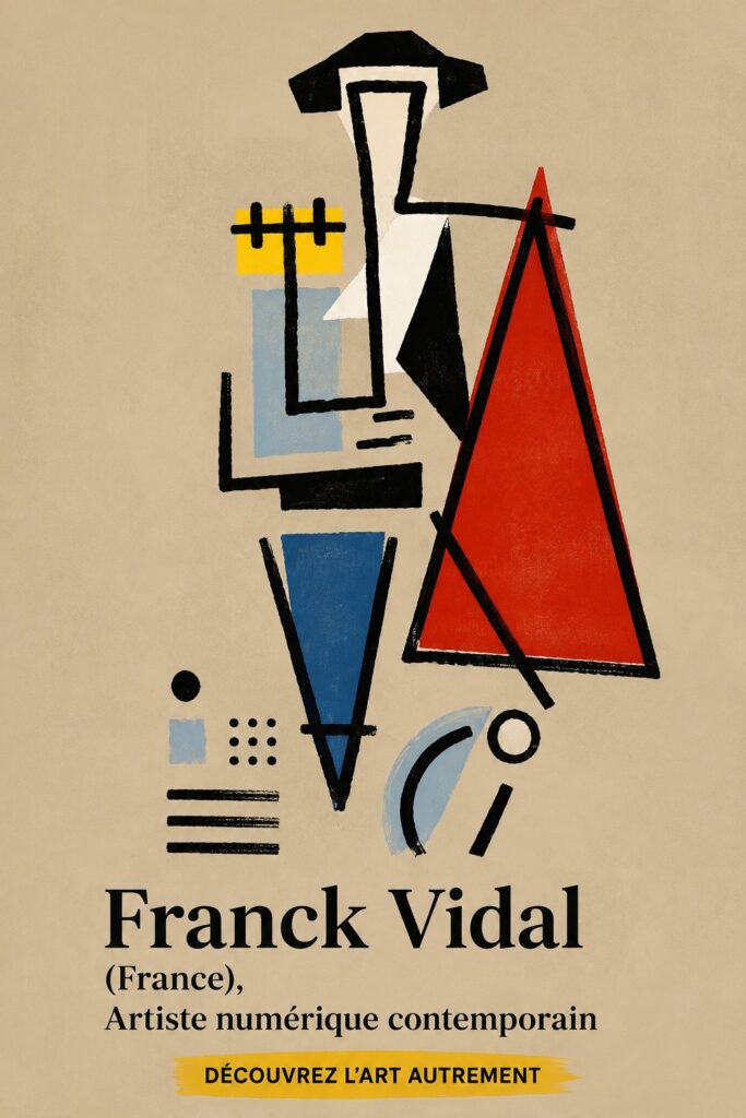 Portrait de l'artiste numérique Franck Vidal avec ses œuvres en arrière-plan.