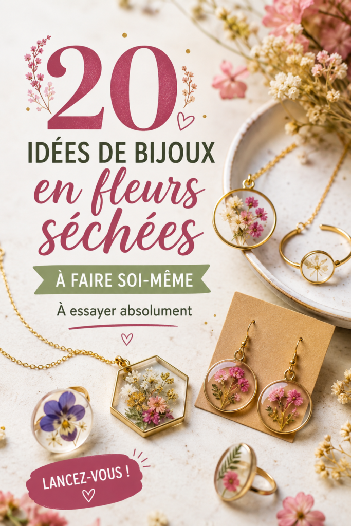 Bijoux en fleurs séchées, présentés sur une table en bois.