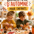 Enfants réalisant des bricolages d'automne en famille, avec des feuilles colorées et de la colle.