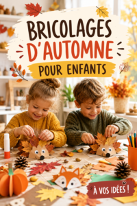 Enfants réalisant des bricolages d'automne en famille, avec des feuilles colorées et de la colle.