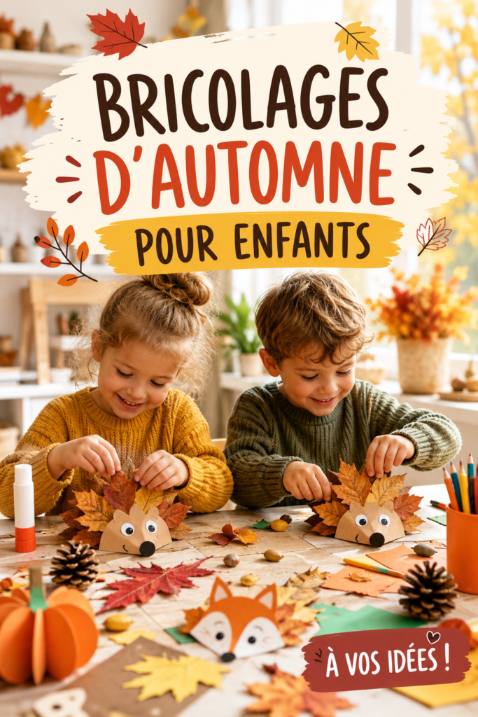 Enfants réalisant des bricolages d'automne en famille, avec des feuilles colorées et de la colle.