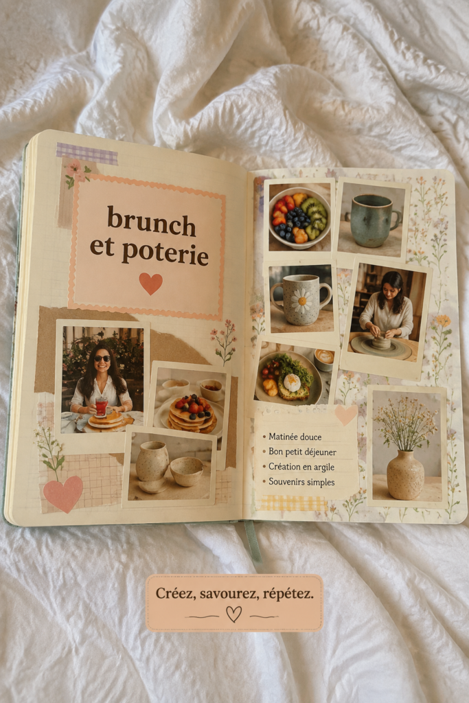 Brunch créatif avec des participants modelant de l'argile et savourant des plats faits maison