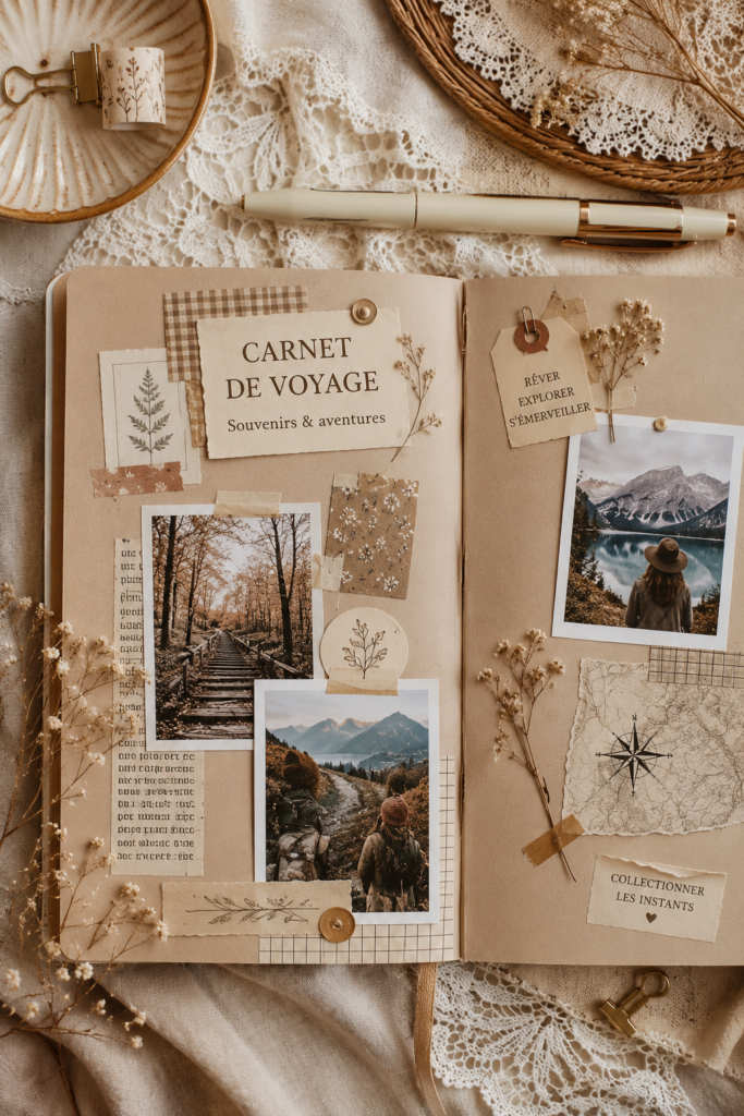 Un Bullet Journal de Voyage ouvert avec des dessins de paysages et des souvenirs coller.